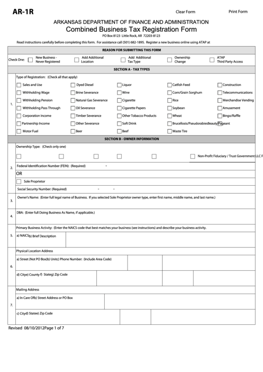 Fillable Form Ar-1r - Combined Business Tax Registration Form Printable pdf