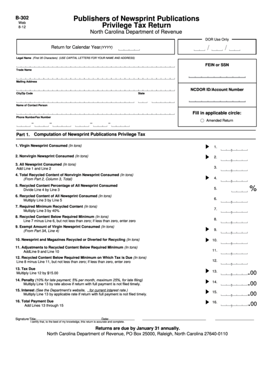 Fillable Form B-302 - Publishers Of Newsprint Publications Privilege Tax Return Printable pdf