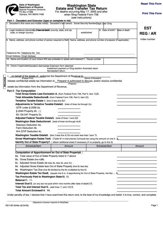 Fillable Form Est Reg / Ar - Washington State Estate And Transfer Tax Return Printable pdf