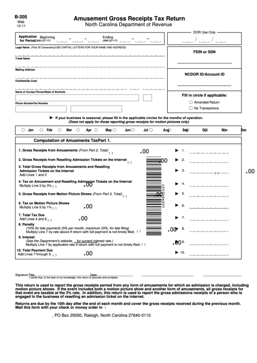Fillable Form B-205 - Amusement Gross Receipts Tax Return Printable pdf