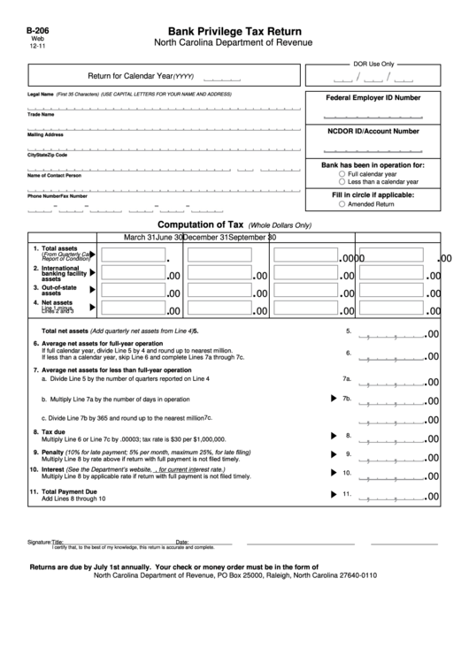 Fillable Form B-206 - Bank Privilege Tax Return Printable pdf