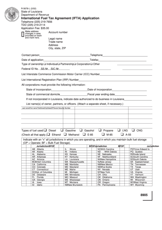 Fillable Form R-5678-L - International Fuel Tax Agreement (Ifta) Application Printable pdf