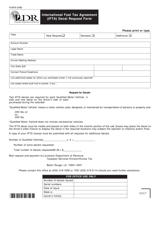 Fillable Form R-5679 - International Fuel Tax Agreement (Ifta) Decal Request Form Printable pdf