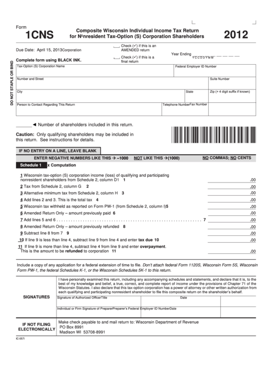 Fillable Form 1cns - Composite Wisconsin Individual Income Tax Return For Nonresident Tax-Option (S) Corporation Shareholders - 2012 Printable pdf