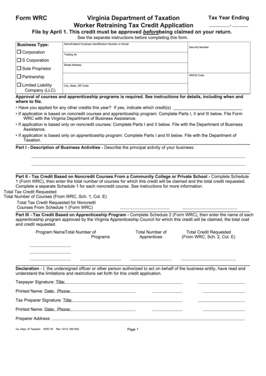 Fillable Form Wrc - Worker Retraining Tax Credit Application Printable pdf