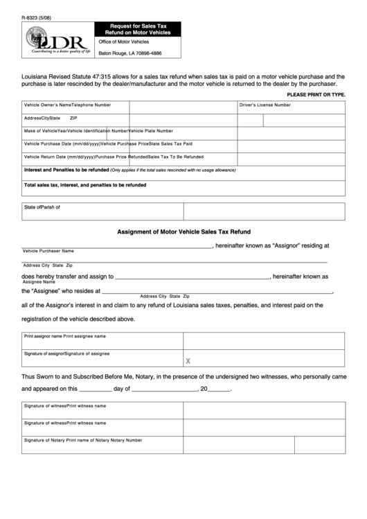 Fillable Form R-8323 - Request For Sales Tax Refund On Motor Vehicles Printable pdf