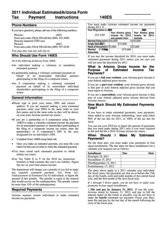 Arizona Form 140es - Individual Estimated Tax Payment Instructions - 2011 Printable pdf