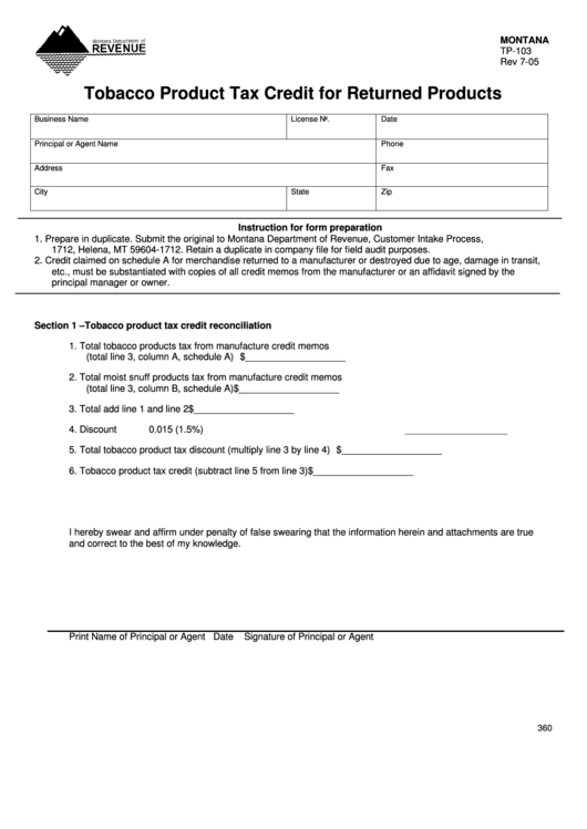Fillable Montana Form Tp-103 - Tobacco Product Tax Credit For Returned Products Printable pdf
