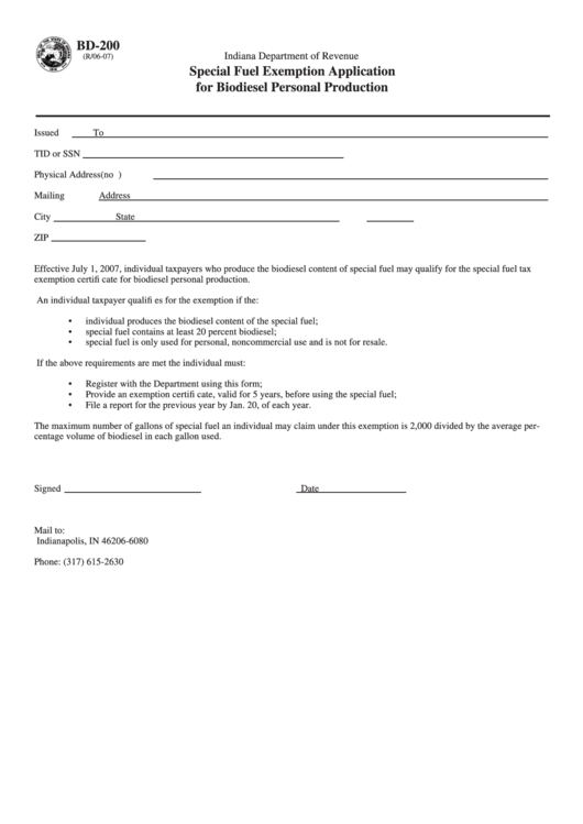 Fillable Form Bd-200 - Special Fuel Exemption Application For Biodiesel Personal Production Printable pdf