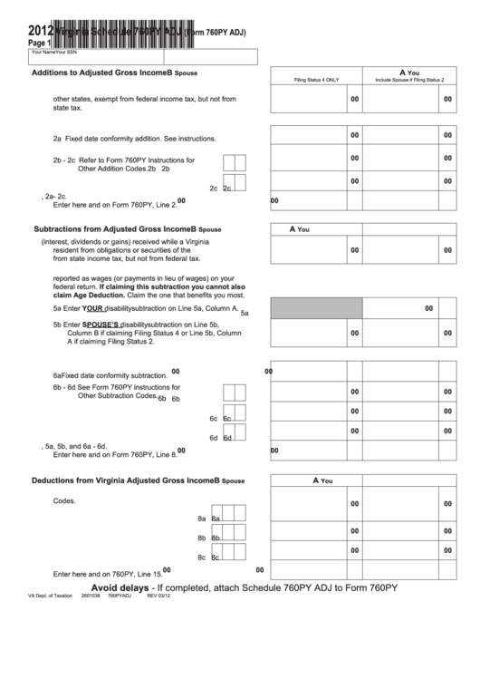 Fillable Virginia Schedule 760py Adj (Form 760py Adj) - 2012 Printable pdf