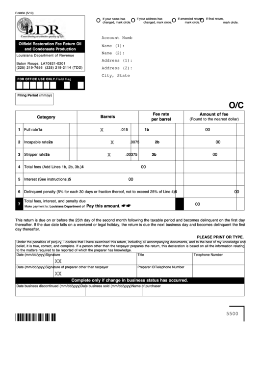 Fillable Form R-9050 - Oilfield Restoration Fee Return Oil And Condensate Production Printable pdf