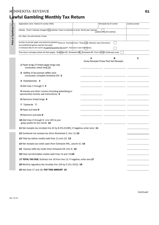 Fillable Form G1 - Lawful Gambling Monthly Tax Return Printable pdf