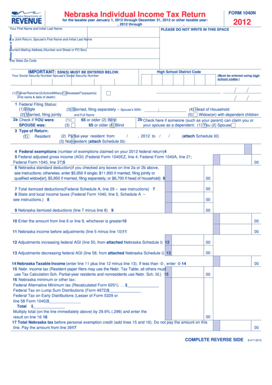 Form 1040n - Nebraska Individual Income Tax Return - 2012 Printable pdf