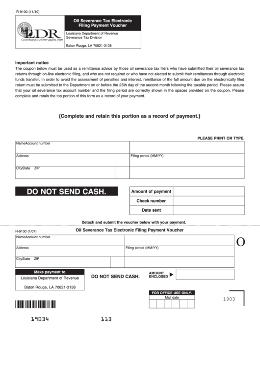 Fillable Form R-9100 - Oil Severance Tax Electronic Filing Payment Voucher Printable pdf
