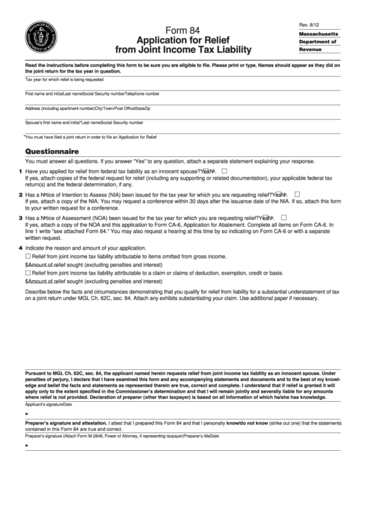 Form 84 - Application For Relief From Joint Income Tax Liability Printable pdf