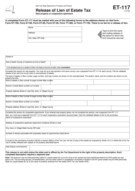 Form Et-117 - Release Of Lien Of Estate Tax Printable pdf