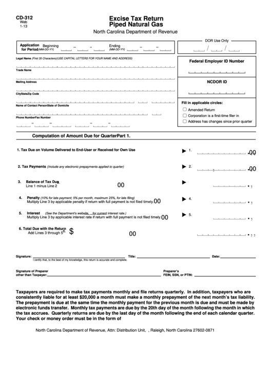 Fillable Form Cd-312 - Excise Tax Return Piped Natural Gas Printable pdf