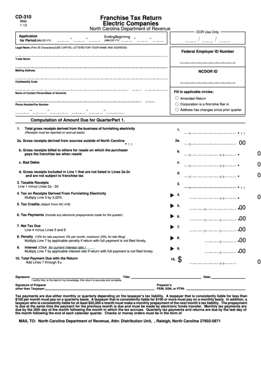 Fillable Form Cd-310 - Franchise Tax Return Electric Companies Printable pdf