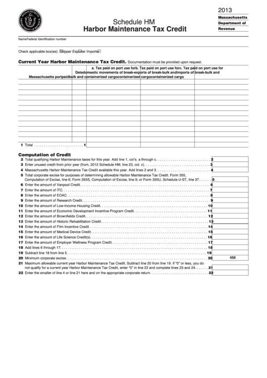 Fillable Schedule Hm - Harbor Maintenance Tax Credit - 2013 Printable pdf