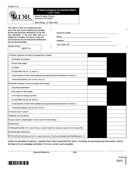 Fillable Form R-9004 - Oil Spill Contingency Fee Quarterly Return Printable pdf
