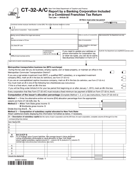 Form Ct-32-A/c - Report By A Banking Corporation Included In A Combined Franchise Tax Return - 2014 Printable pdf