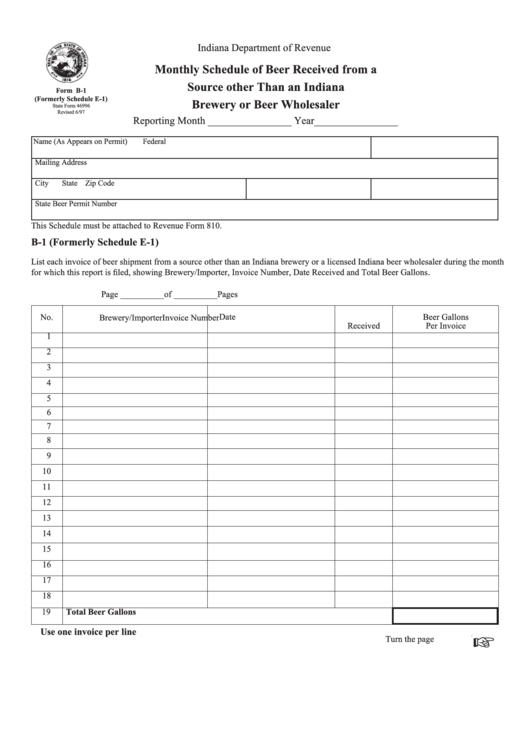 Fillable Form B-1 - Monthly Schedule Of Beer Received From A Source Other Than An Indiana Brewery Or Beer Wholesaler Printable pdf