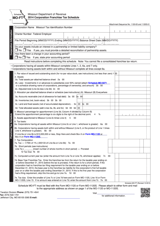 Fillable Schedule Mo-Ft - Corporation Franchise Tax Schedule - 2014 Printable pdf