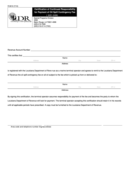 Fillable Form R-9010 - Certification Of Continued Responsibility For Payment Of Oil Spill Contingency Fee Printable pdf