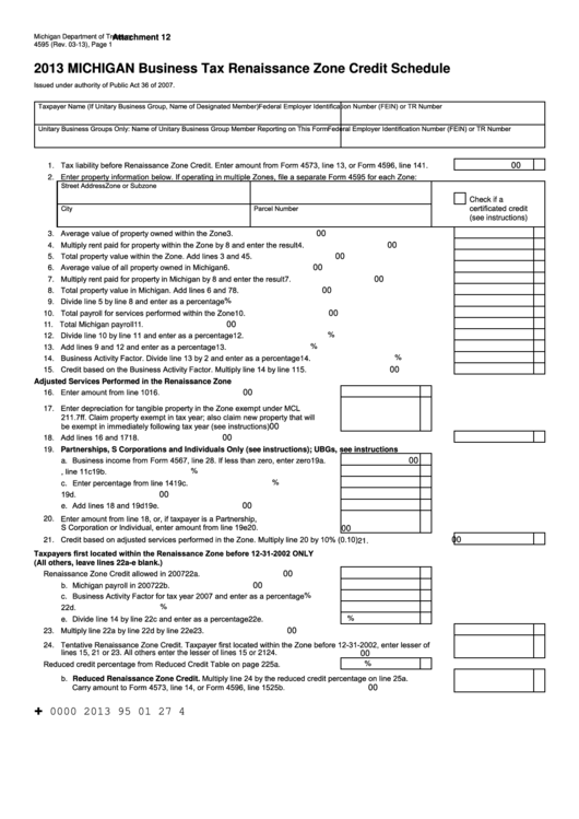 Fillable Form 4595 - Michigan Business Tax Renaissance Zone Credit Schedule - 2013 Printable pdf