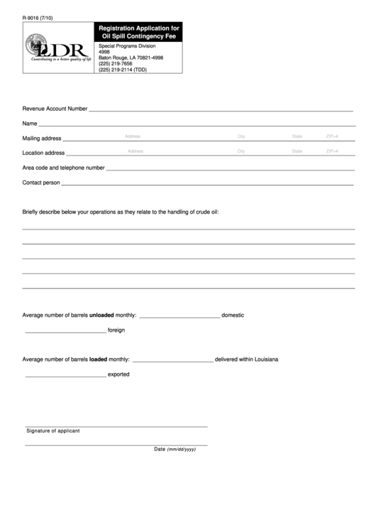 Fillable Form R-9016 - Registration Application For Oil Spill Contingency Fee Printable pdf
