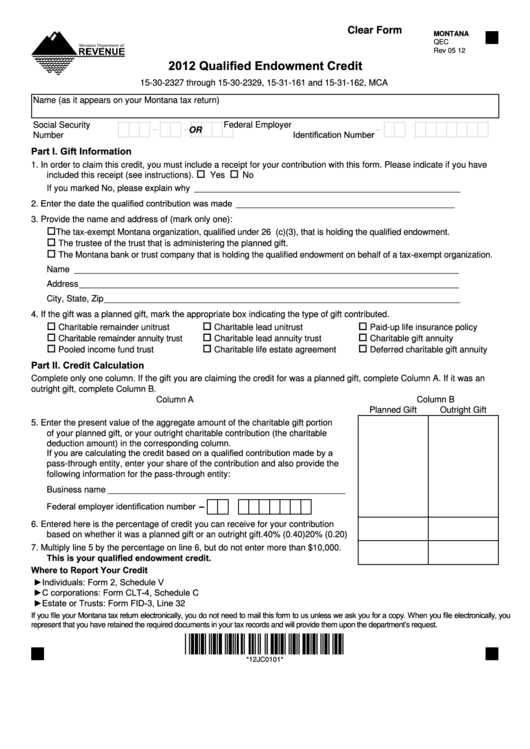 Fillable Form Qec - Qualified Endowment Credit - 2012 Printable pdf