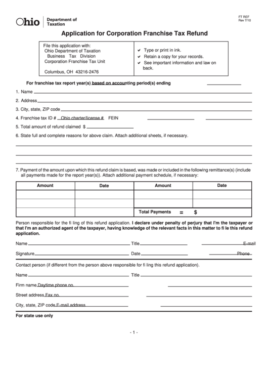 Form Ft Ref - Application For Corporation Franchise Tax Refund Printable pdf