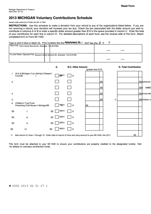Fillable Form 4642 - Michigan Voluntary Contributions Schedule - 2013 Printable pdf