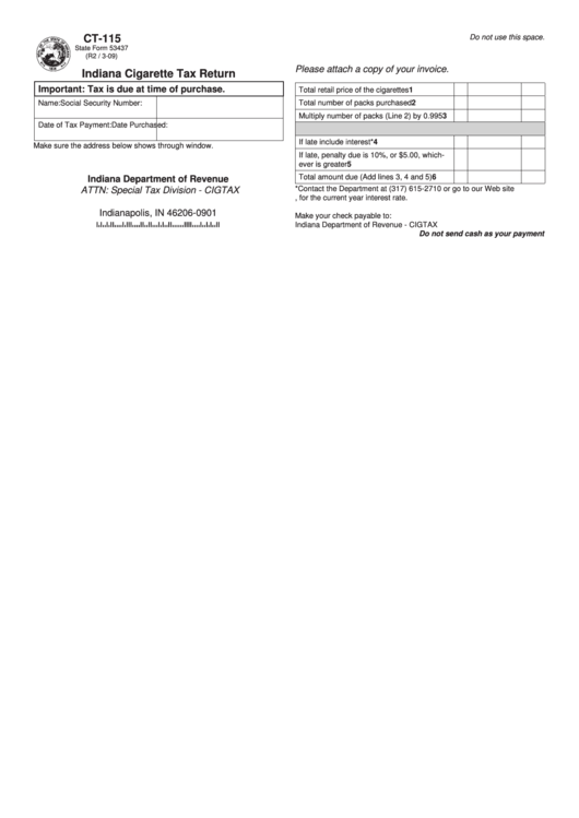 Fillable Form Ct-115 - Indiana Cigarette Tax Return Printable pdf