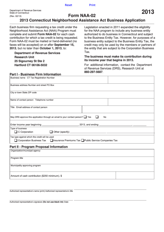 Fillable Form Naa-02 - Connecticut Neighborhood Assistance Act Business Application - 2013 Printable pdf