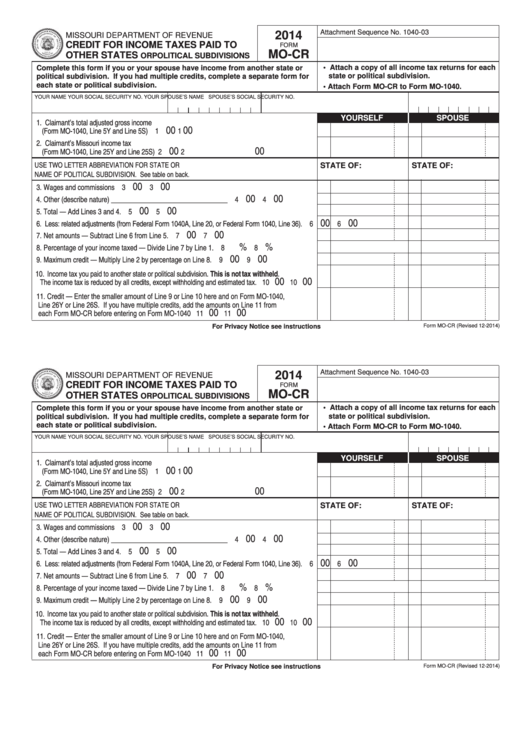 Fillable Form Mo-Cr - Credit For Income Taxes Paid To Other States Or Political Subdivisions - 2014 Printable pdf