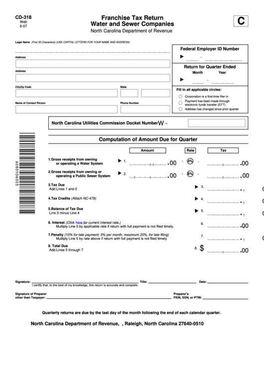 Fillable Form Cd-318 - Franchise Tax Return Water And Sewer Companies Printable pdf