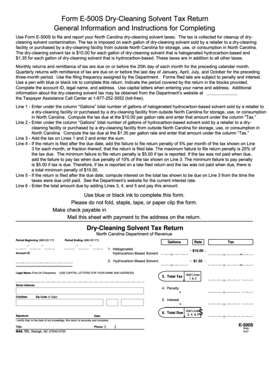 Fillable Form E-500s - Dry-Cleaning Solvent Tax Return Printable pdf