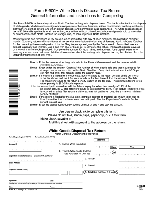 Fillable Form E-500h - White Goods Disposal Tax Return Printable pdf