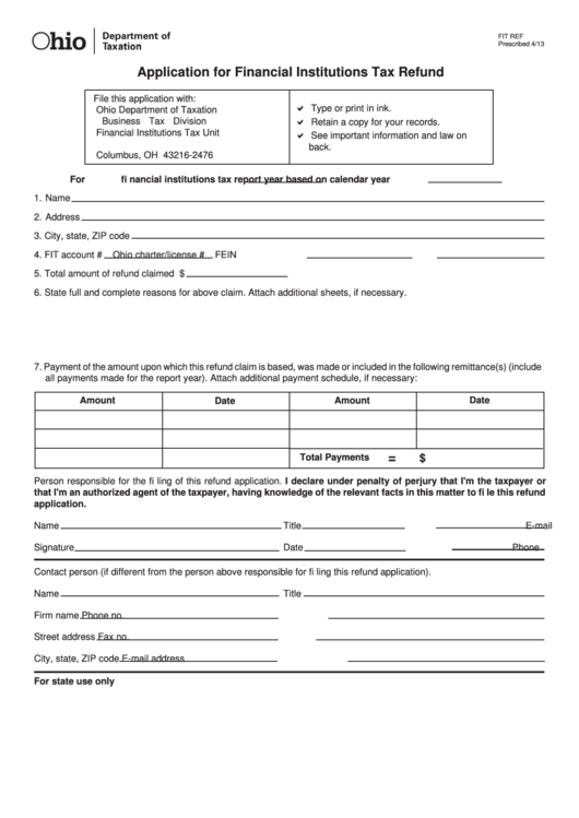 Fillable Form Fit Ref - Application For Financial Institutions Tax Refund Printable pdf