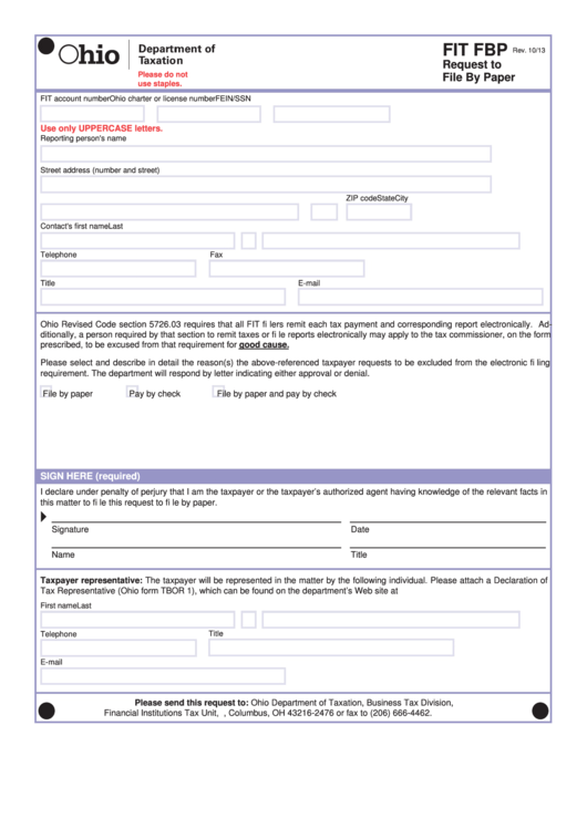 Fillable Form Fit Fbp - Request To File By Paper Printable pdf