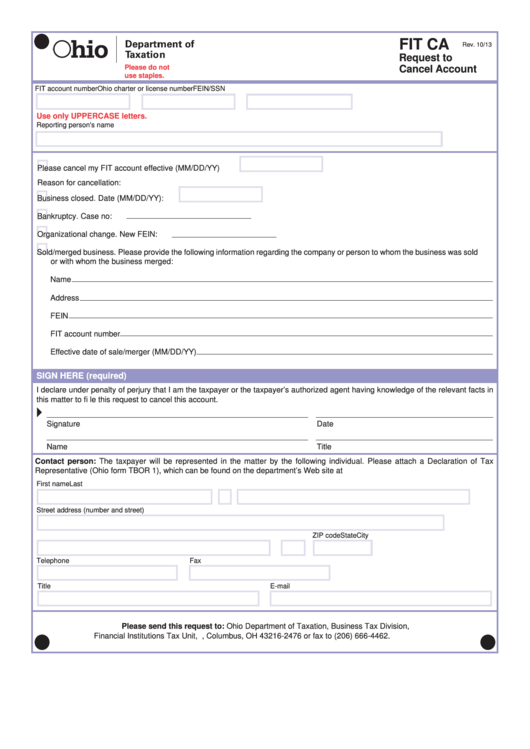 Fillable Form Fit Ca - Request To Cancel Account Printable pdf