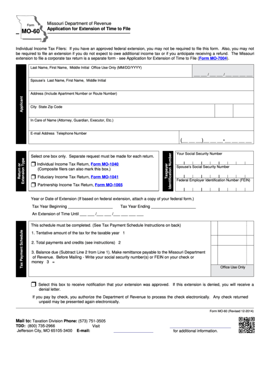 Fillable Form Mo-60 - Application For Extension Of Time To File Printable pdf