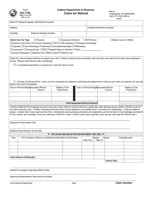 Fillable Form Ga-110l - Claim For Refund Printable pdf