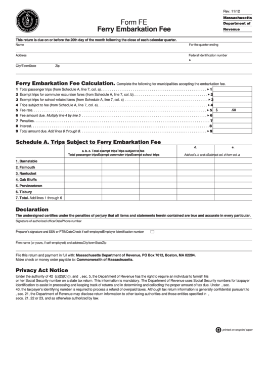 Fillable Form Fe - Ferry Embarkation Fee Printable pdf