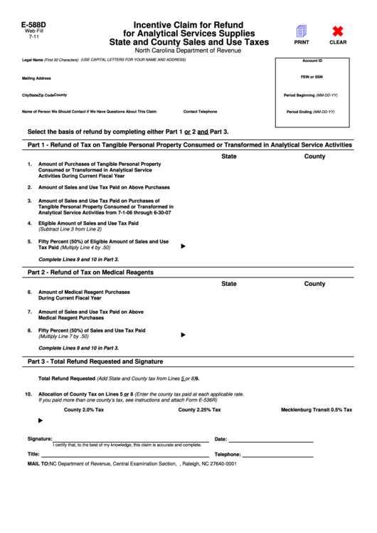 Fillable Form E-588d - Incentive Claim For Refund For Analytical Services Supplies State And County Sales And Use Taxes Printable pdf
