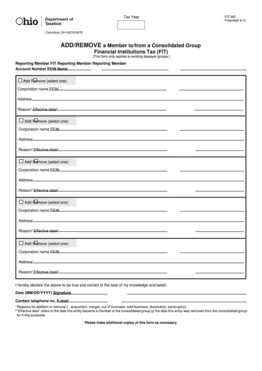 Fillable Form Fit Ar - Add/remove A Member To/from A Consolidated Group Financial Institutions Tax (Fit) Printable pdf
