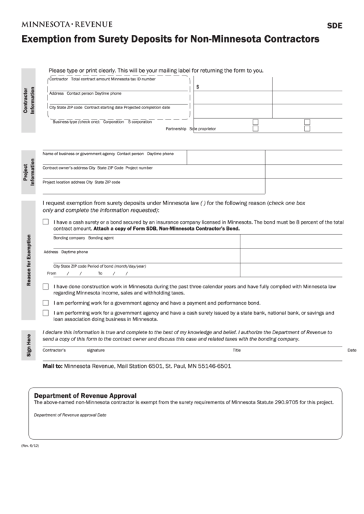 Fillable Form Sde - Exemption From Surety Deposits For Non-Minnesota Contractors Printable pdf