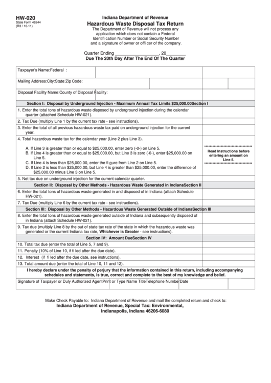 Fillable Form Hw-020 - Hazardous Waste Disposal Tax Return Printable pdf