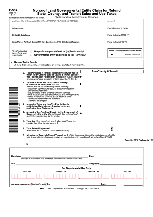 Fillable Form E-585 - Nonprofit And Governmental Entity Claim For Refund State, County, And Transit Sales And Use Taxes Printable pdf